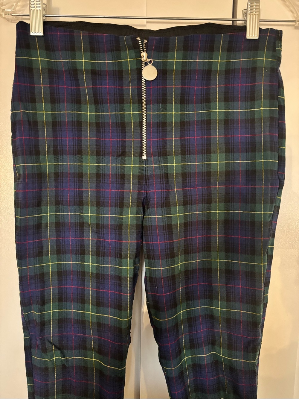 Zara Blue & Green Plaid Skinny Pants with Front Zip